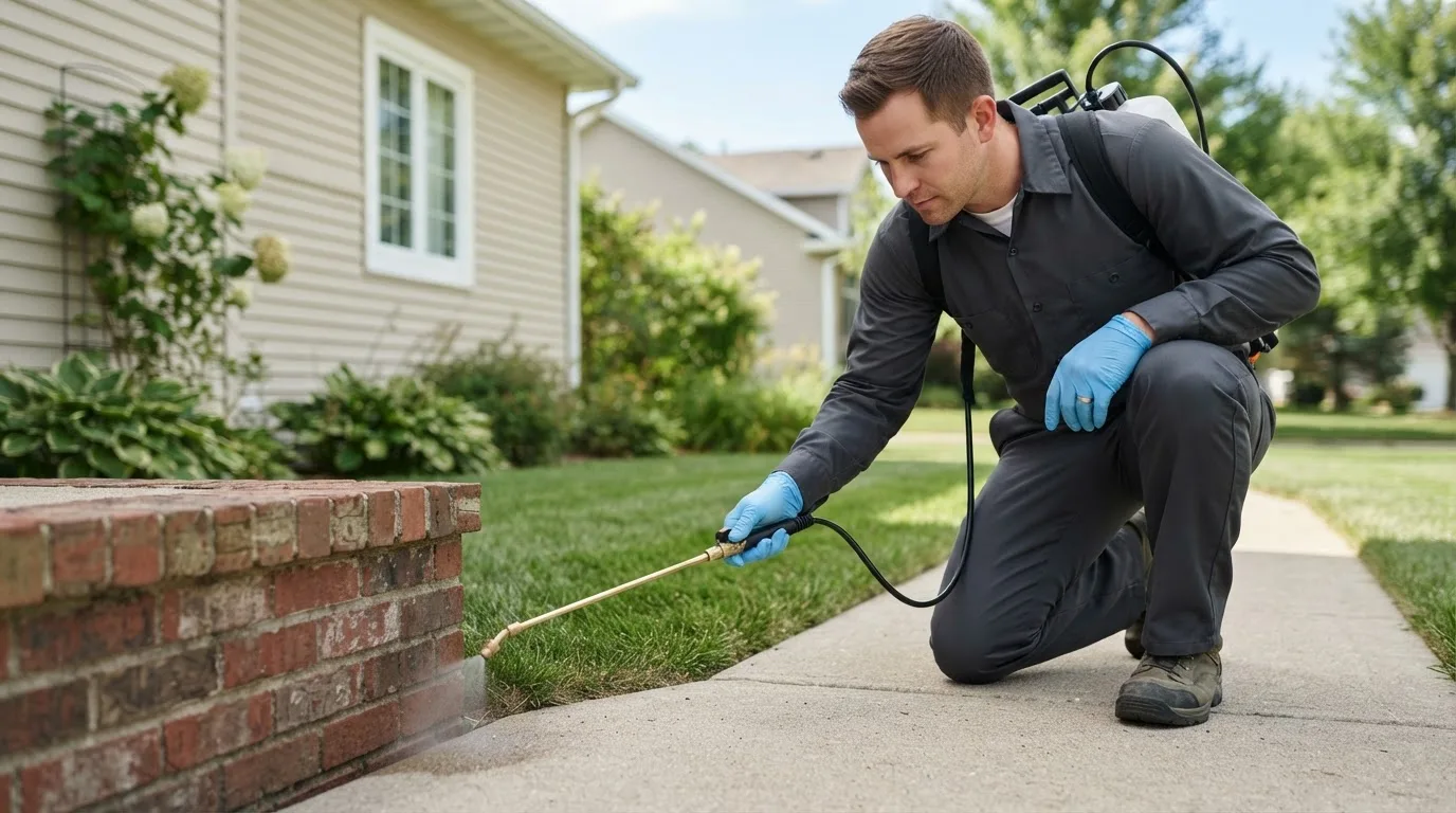 Pest control technician treating a home near Summerfield, OH