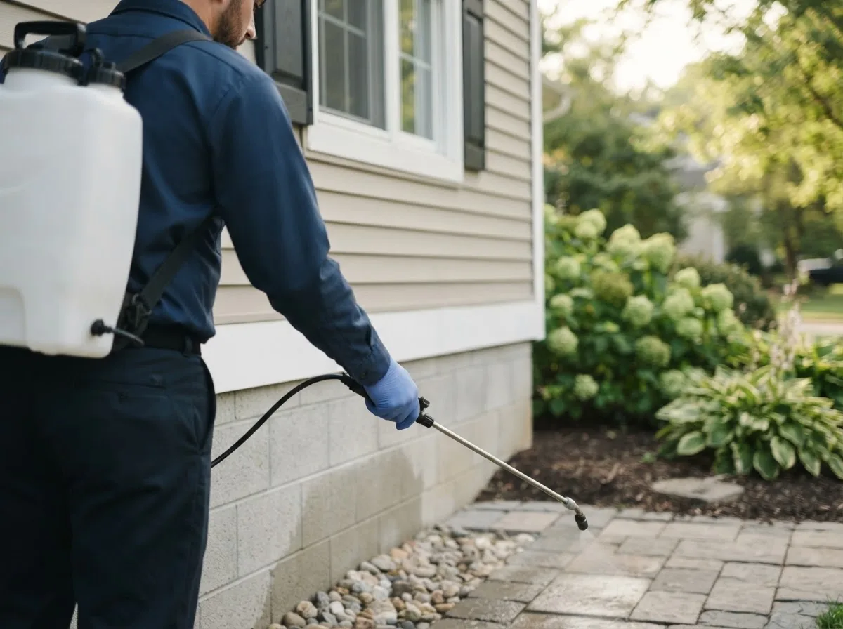 Pest control technician inspecting a home in Summerfield, OH